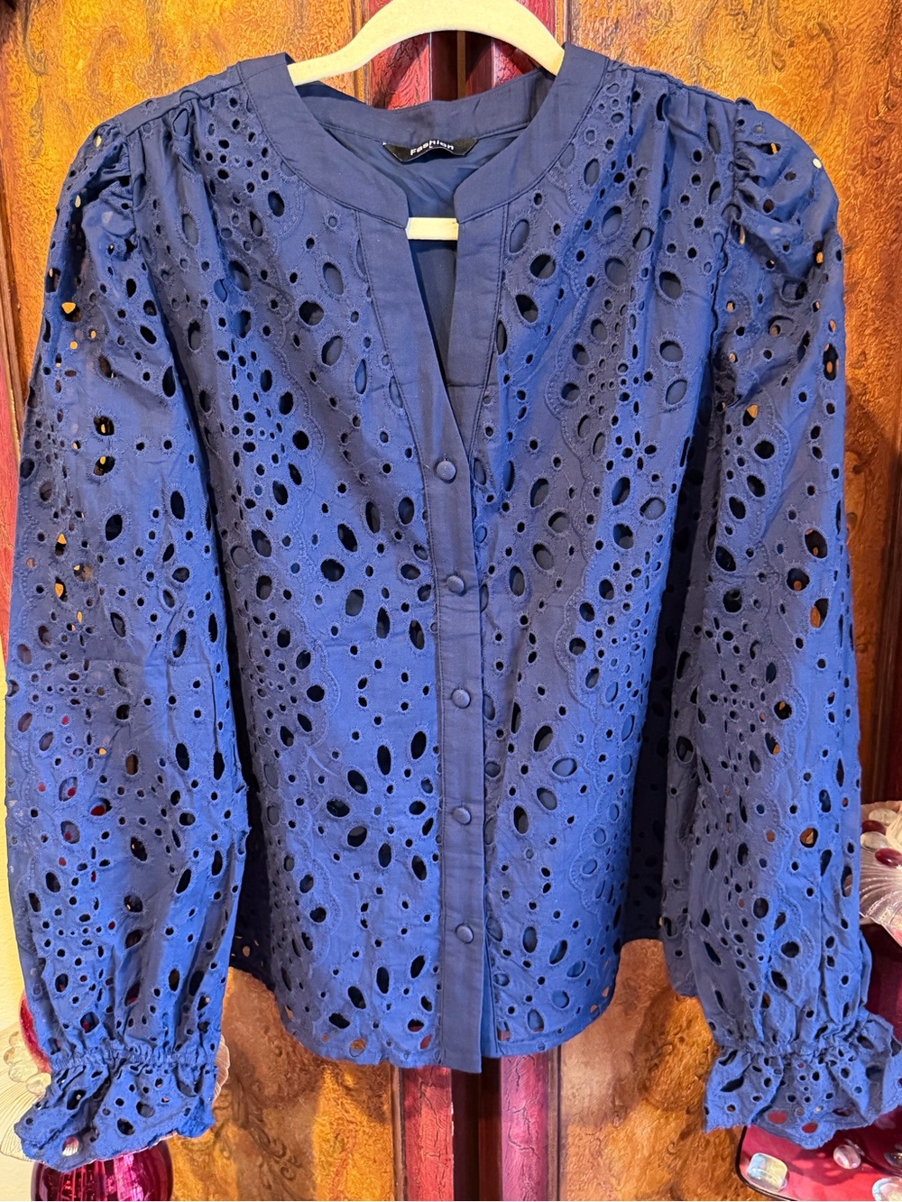 Women's Navy Eyelet Button-Front Blouse